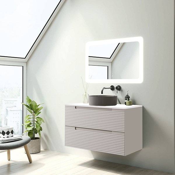 Mueble de baño Kyoto suspendido 2 cajones con tapa de cargas minerales Visobath.Lavabo Colors, espejo Paris. Cotton mate