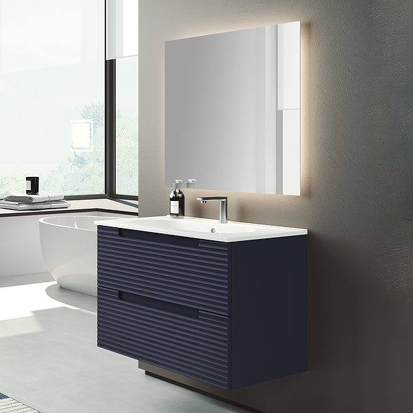 Conjunto mueble de baño Kyoto suspendido 2 cajones Visobath.Lavabo Ada, espejo light. Color Navy.
