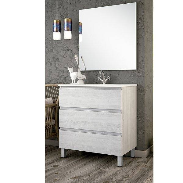 Conjunto mueble de baño Dundee con patas 3 cajones Bruntec. Acabado Hibernian, lavabo eco y espejo luna