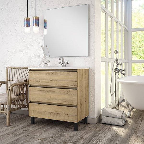 Conjunto mueble de baño Dundee con patas 3 cajones Bruntec. Acabado roble ostippo, lavabo eco y espejo luna