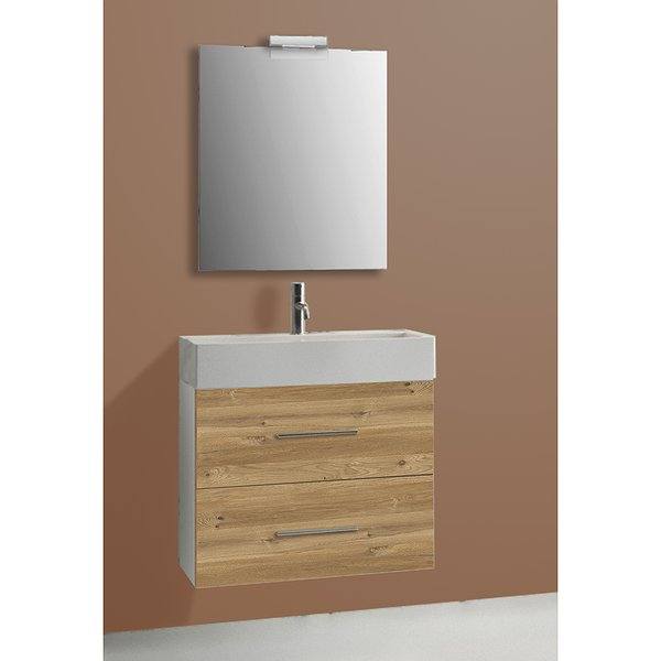 Conjunto mueble de baño color lateral blanco y frontal roble Smoky suspendido de fondo reducido + lavabo cerámica Delta + espejo Sidney. Aplique 12-17 opcional