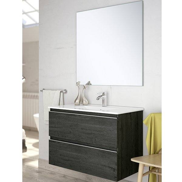 Conjunto mueble de baño Dundee suspendido 2 cajones Bruntec. Acabado ebony, lavabo eco y espejo luna