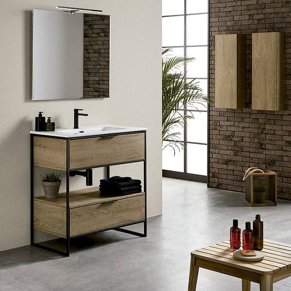 Mueble de baño Estructura con patas 2 cajones acabado nórdico + Lavabo encastrado cerámica + Espejo Biselado + 2 Columnas acabado nórdico 80 x 30 x 17 de Sanchís