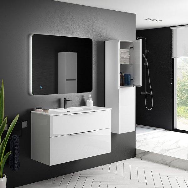 Mueble de baño Galsaky blanco brillo de Coycama + lavabo Onix new cerámica 1 seno + espejo Verona + columna Joker 140x35x32m