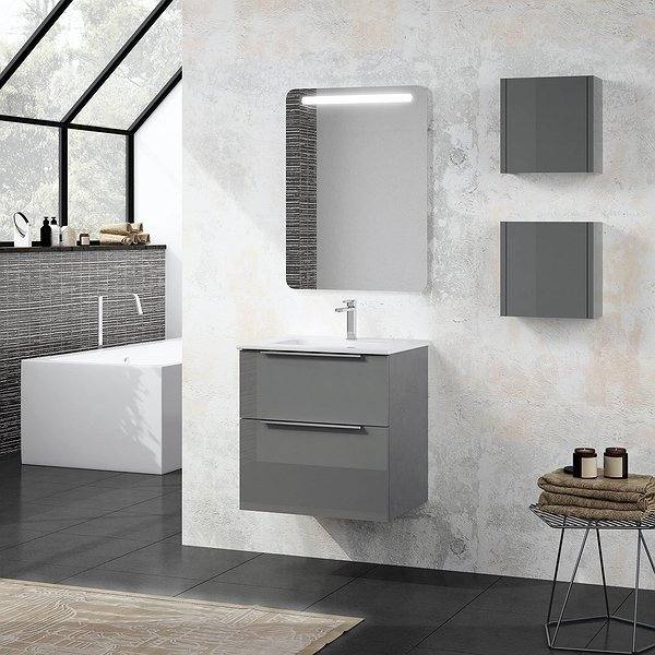 Mueble de baño Galsaky gris brillo de Coycama + lavabo Onix new cerámica 1 seno + espejo Rain + auxiliar Joker 