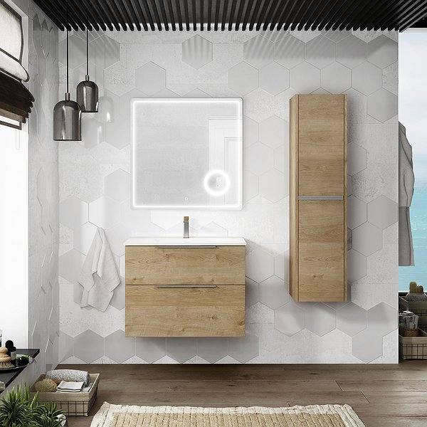 Mueble de baño Galsaky roble natural de Coycama + lavabo Onix new cerámica 1 seno + espejo Cosmos + auxiliar Joker 