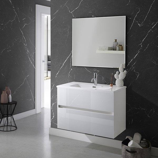 Conjunto mueble de baño Glass Line suspendido + Lavabo encastrado cerámica Line de blanco polar óptico + Espejo Biselado de Sanchís