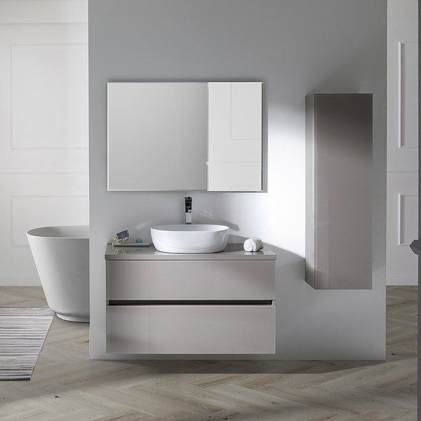 Conjunto mueble de baño 2 cajones suspendido acabado taupe óptico + Encimera de madera + Lavabo cerámica sobre encimera + Espejo Biselado Glass Line de Sanchís