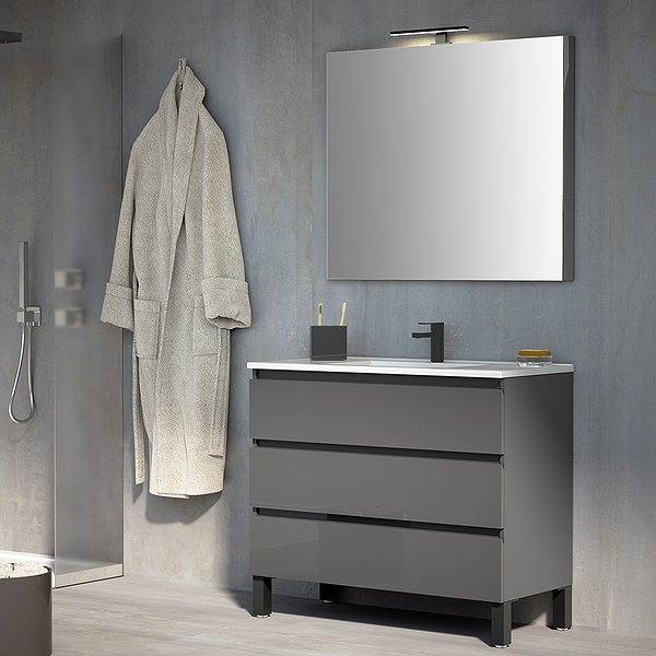 Mueble de baño Aqua 3 cajones con patas negras color grafito brillo + Lavabo cerámica Extraplano + Espejo Aqua mismo color que el mueble