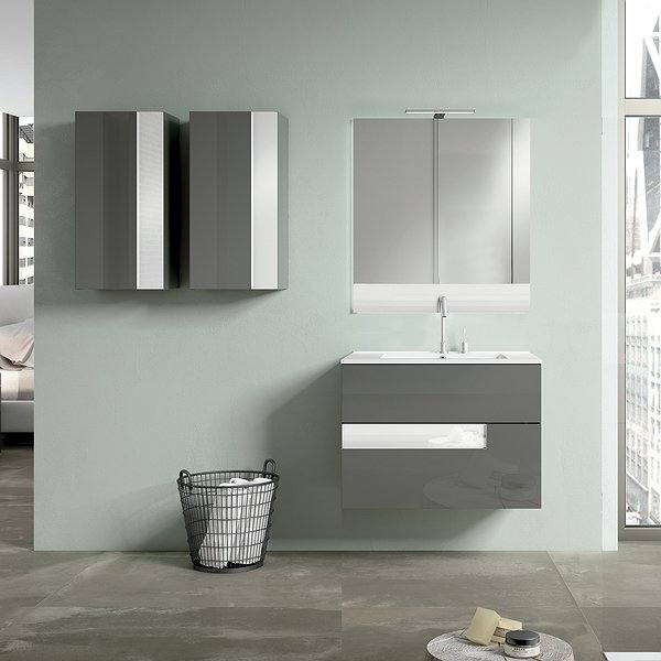 Conjunto mueble de baño Vision suspendido 2 cajones acabado gris brillo cristal blanco + Lavabo Flat + Espejo Vision + Columnas Vision (x2) de Viso Bath