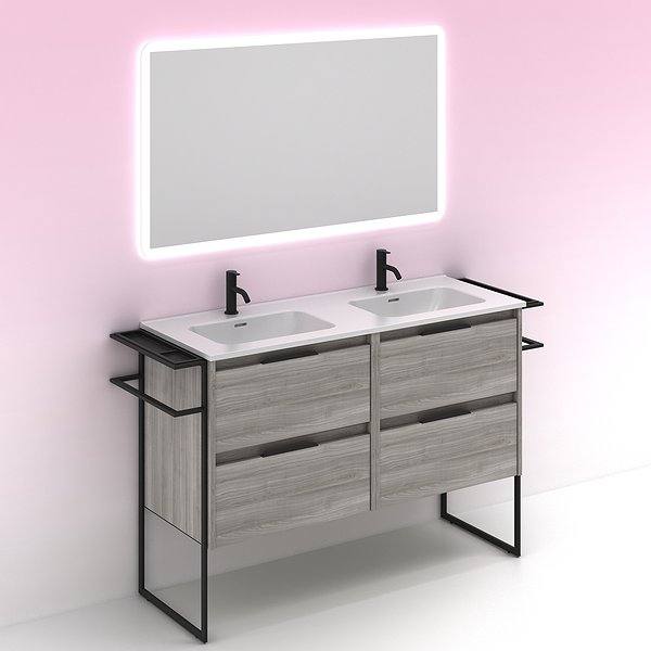 Conjunto mueble de baño con lavabo doble poza Keiko con patas 4 cajones gris arenado 120 cm de Amizuva Espejo Hoshi