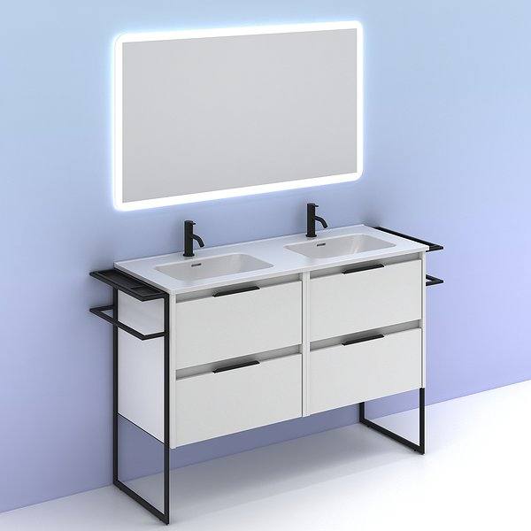 Conjunto mueble de baño con lavabo doble poza Keiko con patas 4 cajones blanco brillo 120 cm de Amizuva Espejo Hoshi