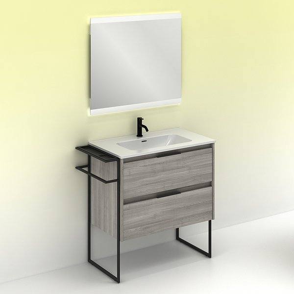 Conjunto mueble de baño con lavabo Keiko con patas 2 cajones gris arenado de Amizuva. Espejo hikari