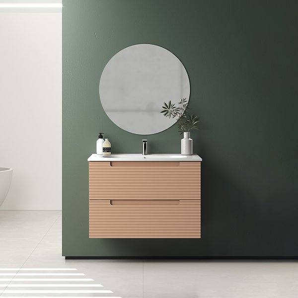 Conjunto mueble de baño Kyoto suspendido 2 cajones Visobath. Lavabo Ada, espejo Liss. Coral.