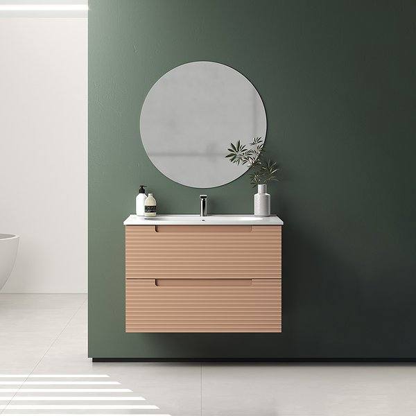 Conjunto mueble de baño Kyoto suspendido 2 cajones Visobath. Lavabo Ada, espejo Liss. Coral.