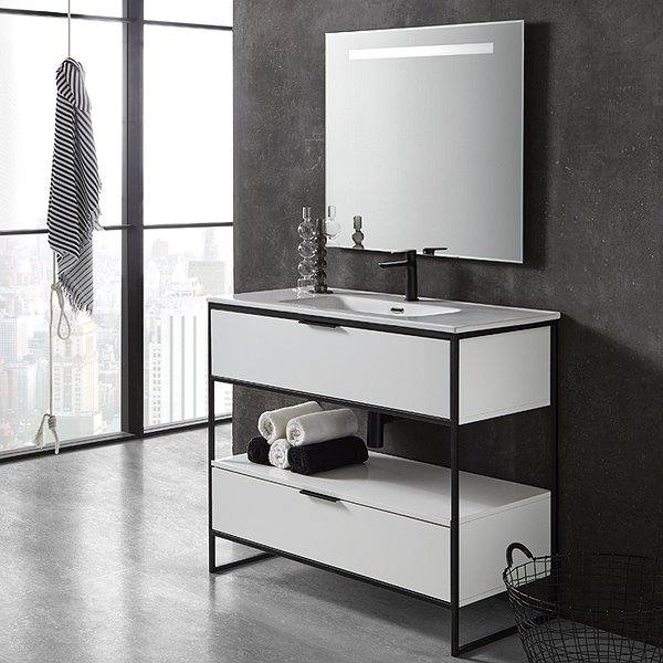 Mueble de baño moderno Estructura acabado blanco brillo 2 cajones con patas + Lavabo encastrado cerámica + Espejo Biselado de Sanchís