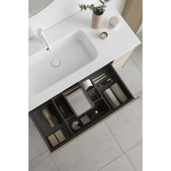 Detalles del lavabo Slim y el cajón con organizador