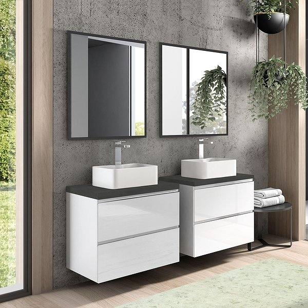 Mueble de baño Atlantis suspendido 2 cajones + encimera hidrófuga de Bruntec. Color balnco brillo y tapa gris m. Espejo Luna y lavabo sofía