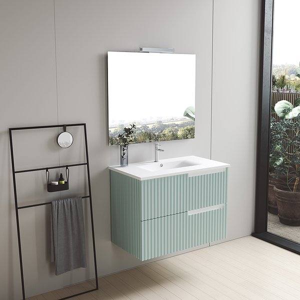Conjunto Mueble de baño Maya suspendido 2 cajones de Inve. Color AguaMarina. Espejo Sidney.