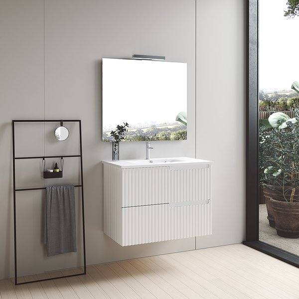 Conjunto Mueble de baño Maya suspendido 2 cajones de Inve. Color blanco. Espejo Sidney.