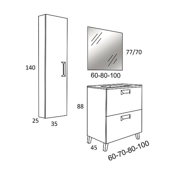 Medida conjunto Mueble de baño con lavabo y espejo Alberta de Inve (varias medidas)