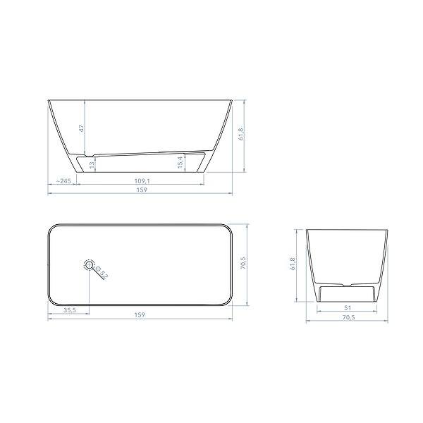 Medidas bañera exenta Delia rectangular solid surface 159x70.5 cm de Bruntec