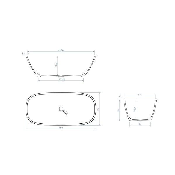 Medidas bañera exenta Salma ovalada solid surface 160x75 cm de Bruntec