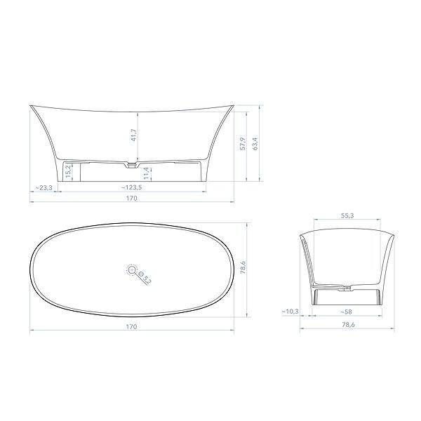 Medidas bañera exenta Silk ovalada solid surface 170x78.6 cm de Bruntec