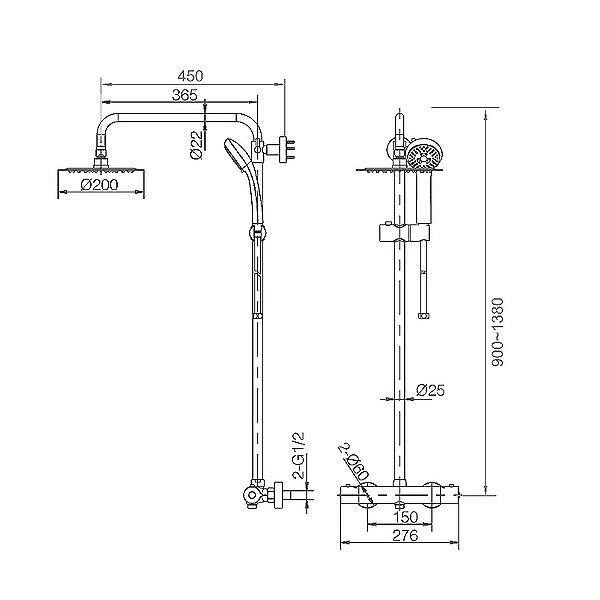 Medidas conjunto de ducha termostática barra extensible cromado Creta de Imex