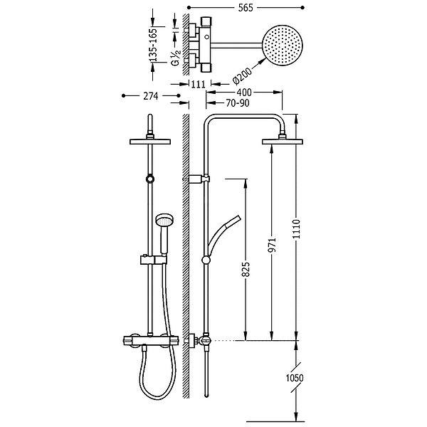 Medidas conjunto de ducha termostático Flat de Tres