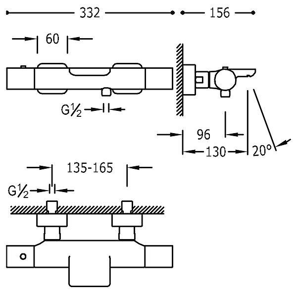 Medidas del grifo de bañera termostática con cascada Loft de Tres 29.2cm cromo