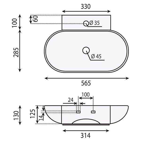 Medidas lavabo Sobarzo ovalado suspendido 56.5x28.5 cm de cerámica de Bruntec
