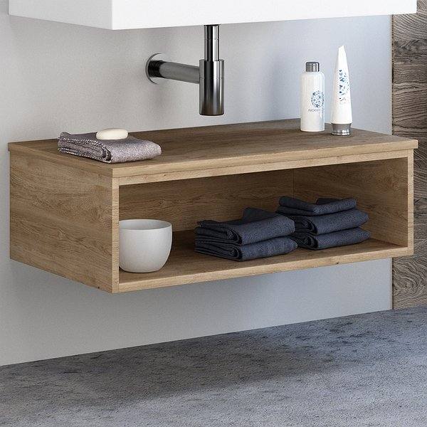 Cajonera de baño Landes con tapa y barra de refuerzo de Coycama. Color Roble natural con tirador Line negro