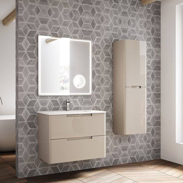 Mueble de baño Omega color Moka brillo, lavabo Dama y Espejo Cosmos de Coycama con columna Omega