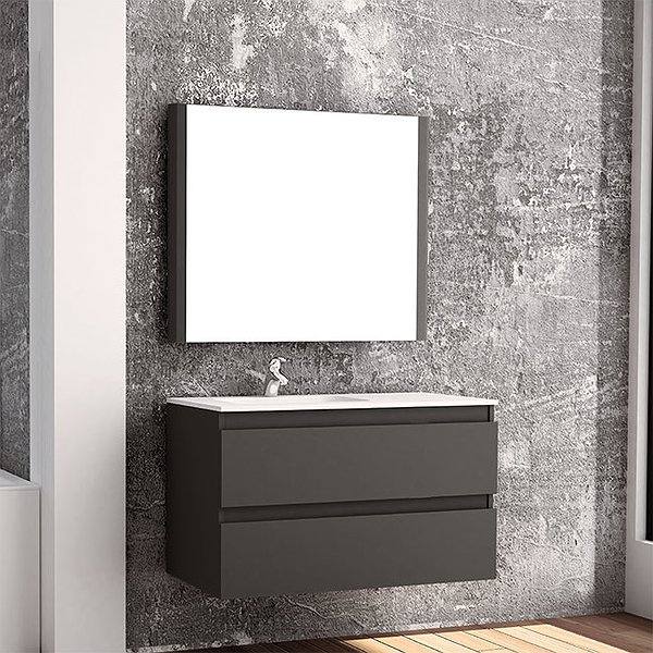 Mueble de baño Aqua 2 cajones acabado grafito mate + Lavabo Basin 100 cm desplazado + Espejo Aqua 100cm grafito mate 