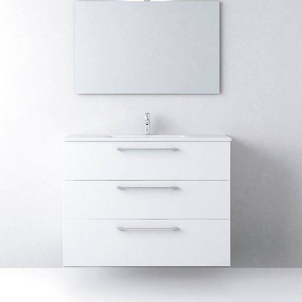 Mueble de baño Carmen suspendido  + Lavabo de cerámica Plus 3 cajones tirador asa cromo de Avila dos color blanco satinado nº4. Espejo Luna LIsa
