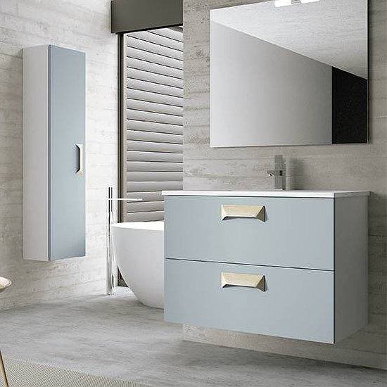 Mueble de baño suspendido Alberta lateral blanco y frontal aguamarina 2 cajones + lavabo cerámica Onix 1 seno + espejo Sidney + columna Alberta