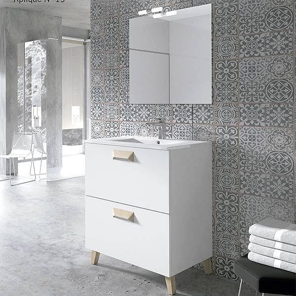 Conjunto Mueble de baño con patas Alberta de Inve  2 cajones lateral blanco frontal blanco + lavabo cerámica Onix 1 seno + espejo Sidney + aplique nº12-17