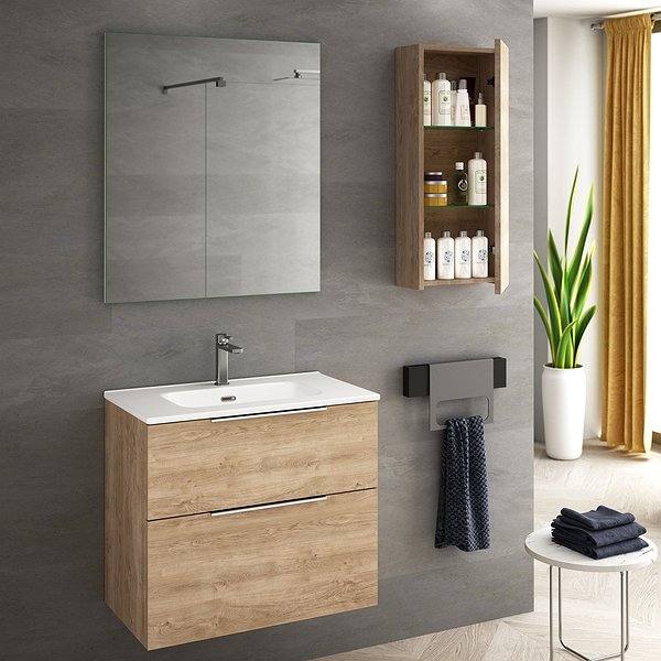 Conjunto mueble de baño fondo reducido 41cm Comet suspendido roble natural con lavabo new onix f40 y espejo sun de Coycama