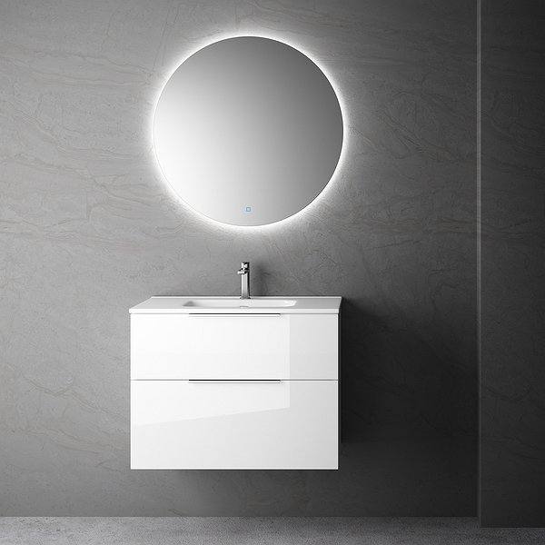 Conjunto mueble de baño fondo reducido 41cm Comet suspendido blanco brillo con lavabo new onix f40 y espejo verona rond de Coycama