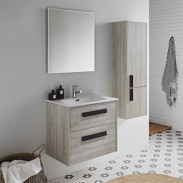 Conjunto mueble de baño con lavabo encastrado y espejo Cut Line de Sanchis vintage + columna
