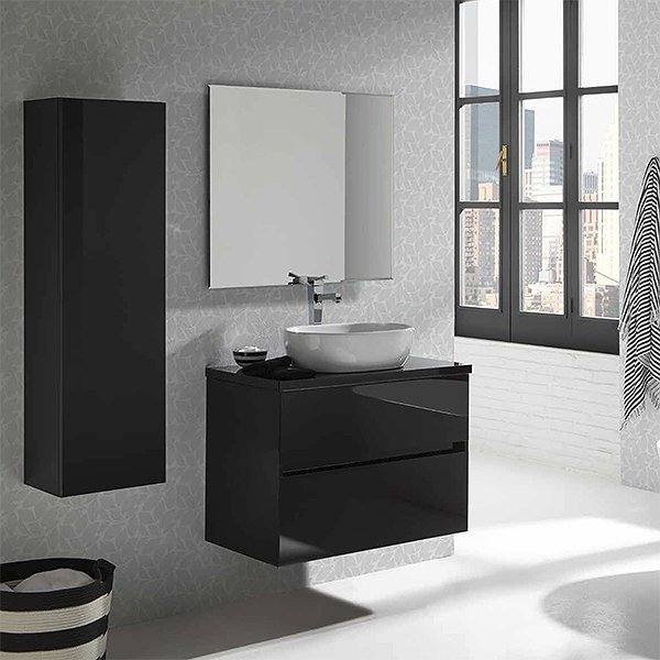 Conjunto mueble de baño con lavabo sobre encimera y espejo Cut Line de Sanchis vintage + columna