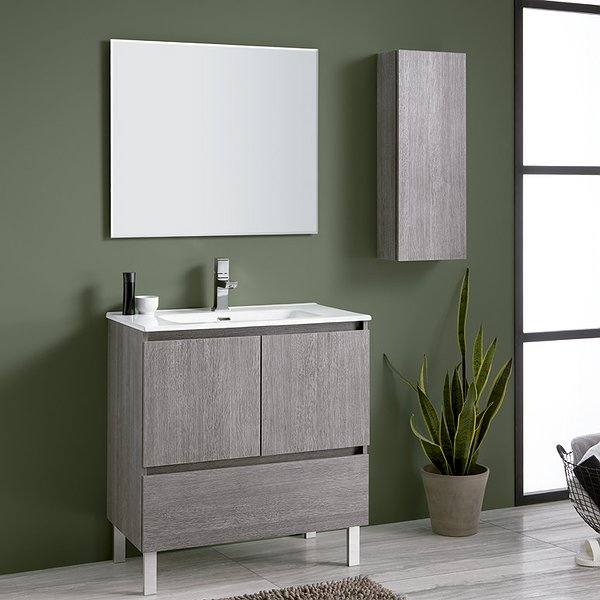 Mueble de baño Hook Line con patas 2 puertas 1 cajón acabado Encens 80 cm + Lavabo cerámica Line + Espejo Biselado + Auxiliar de baño 80 cm de Sanchís