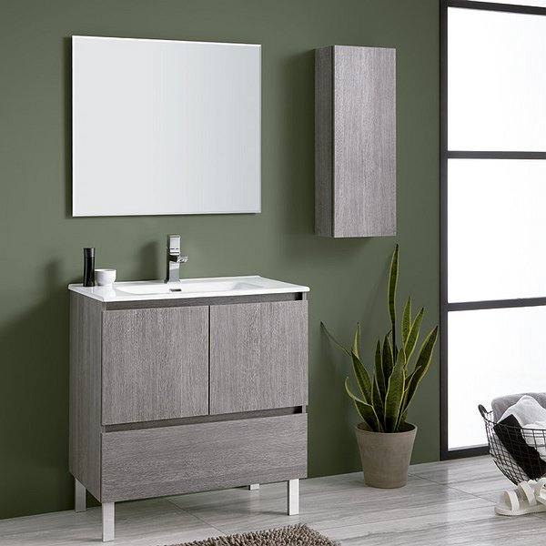 Mueble de baño Hook Line II con patas 2 puertas 1 cajón acabado Encens 60 cm + Lavabo cerámica Line + Espejo Biselado + Auxiliar 80 cm de Sanchís