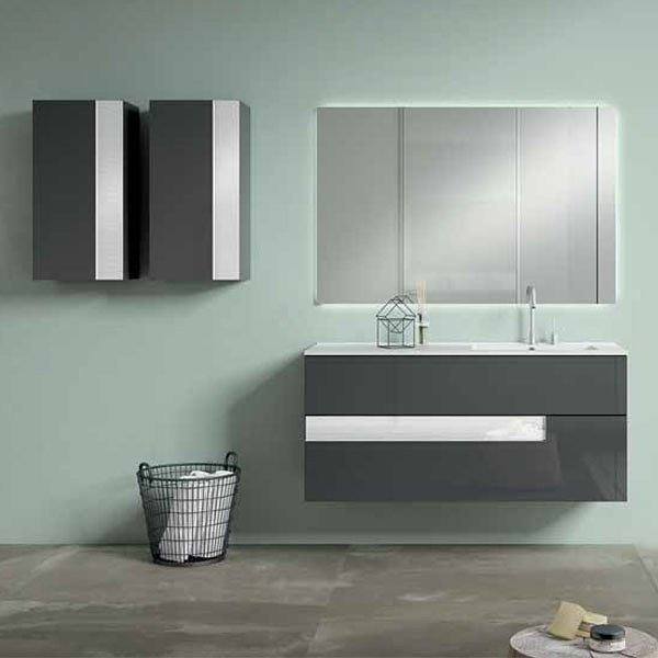 Mueble de baño Visión color gris brillo con cristal blanco con lavabo Flat desplazado, espejo light con aplique 2 colgares vision