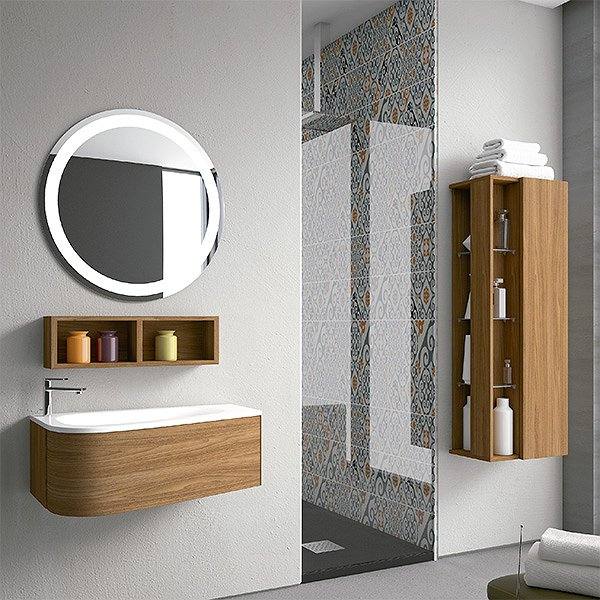 Conjunto Mueble de baño Loop suspendido 1 cajón 90cm + lavabo cerámi loop + espejo round + columna Stack lateral abierto + Colgar decorativo Stack de Inve. Color rechapado nogal americano