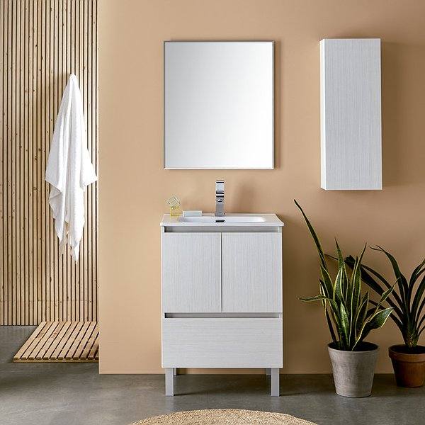 Mueble de baño Hook Line con patas 2 puertas 1 cajón acabado Mont Blanc 60 cm + Lavabo cerámica Line + Espejo Biselado + Auxiliar 80 cm de Sanchís