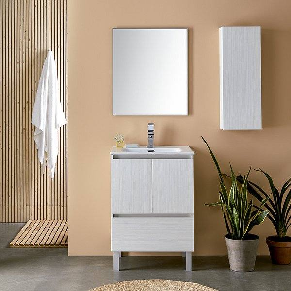 Mueble de baño Hook Line con patas 2 puertas 1 cajón acabado Mont Blanc 60 cm + Lavabo cerámica Line + Espejo Biselado + Auxiliar 80 cm de Sanchís