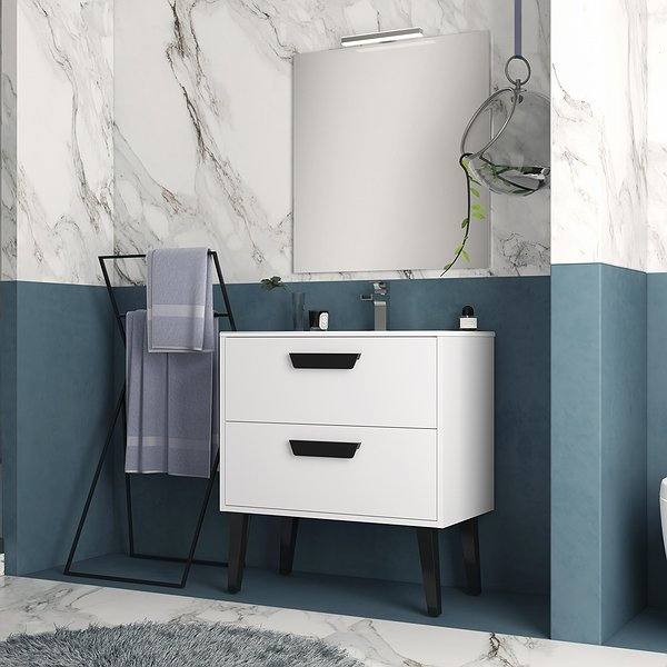 Conjunto Mueble de baño Sakai con patas 2 cajones de Inve. Blanco con tirador y patas en negro.