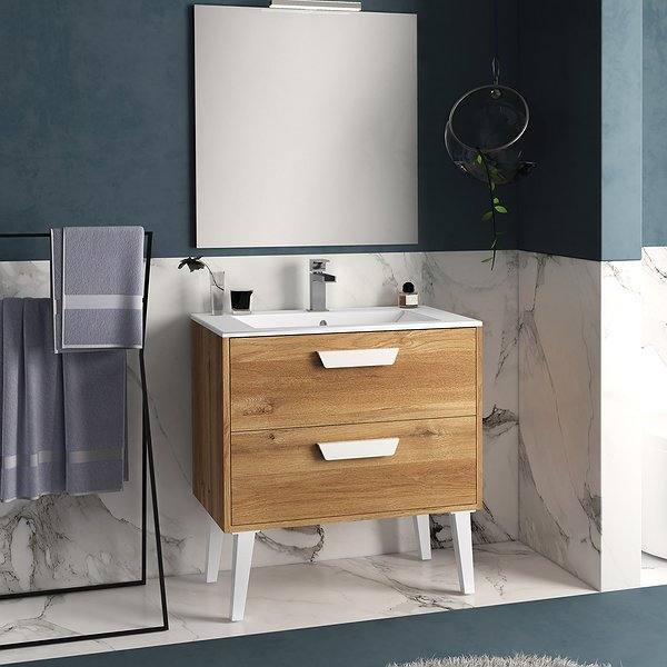 Conjunto Mueble de baño Sakai con patas 2 cajones de Inve. Cartagena con tirador y patas en blanco